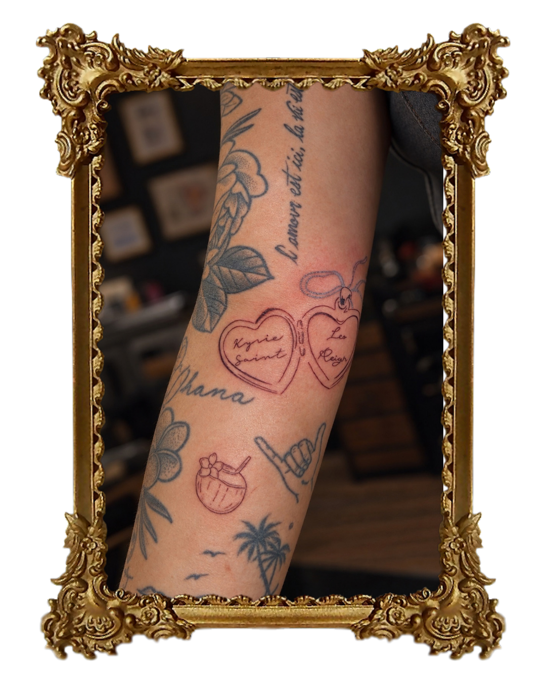 Custom fine line forearm tattoos featuring a sentimental locket with children's names and a travel-inspired drink stamp tattoo by Wander + Lost Ink, a fine line tattoo studio in Bellingham, Washington.