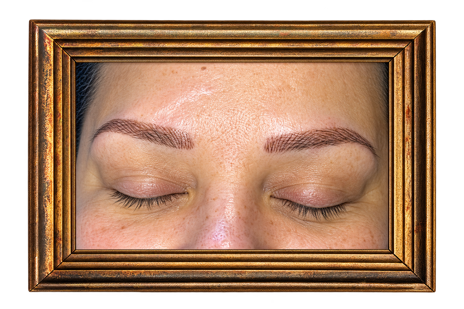 After nano brows permanent makeup, showing fuller, more defined eyebrows with a soft natural-looking shape created using machine hair stroke techniques by Wander + Lost Ink in Bellingham, WA.
