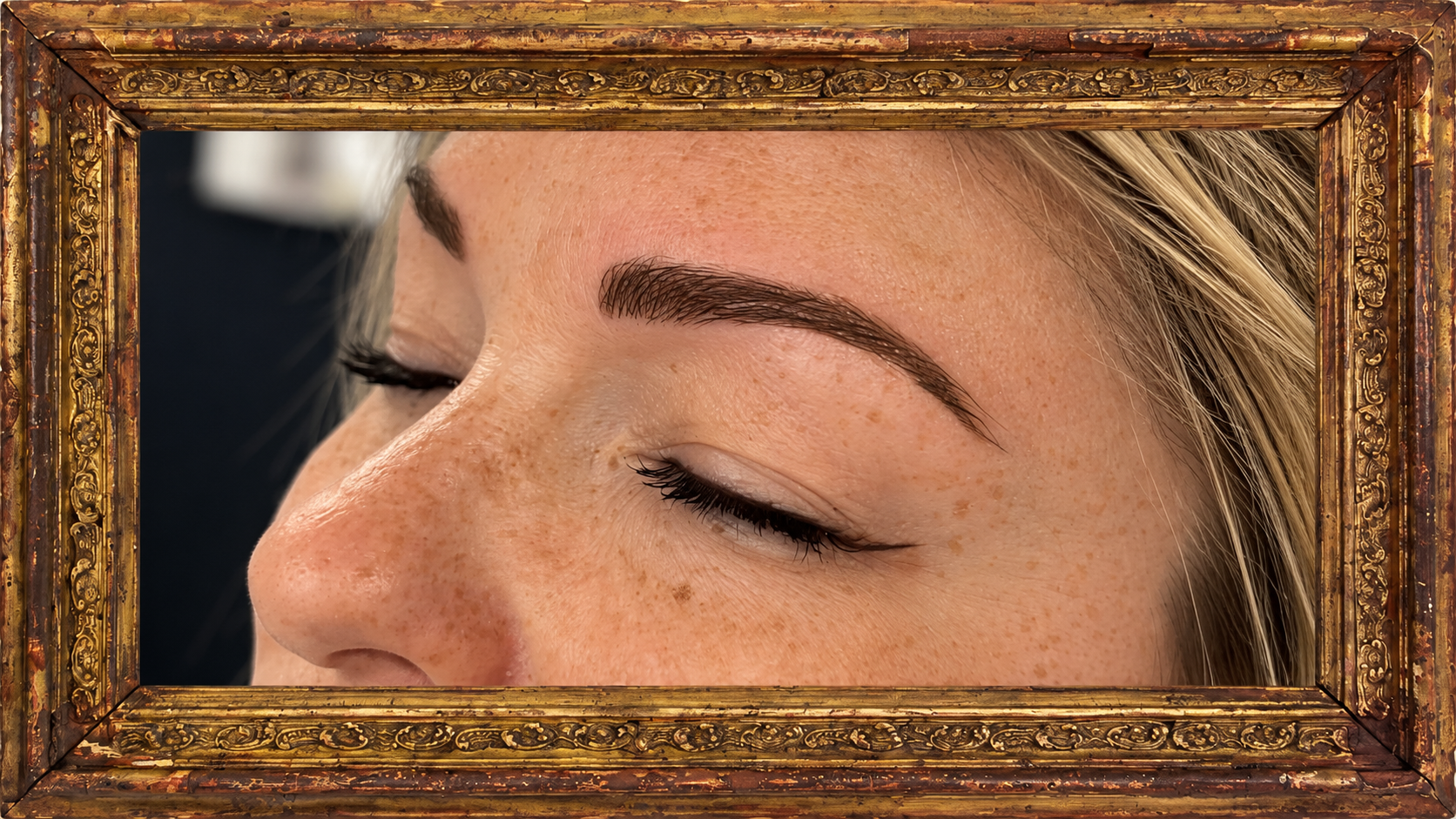 Side profile showing defined nano brows permanent makeup with natural-looking eyebrow enhancement and soft hair stroke detailing by Wander + Lost Ink in Bellingham, Washington.