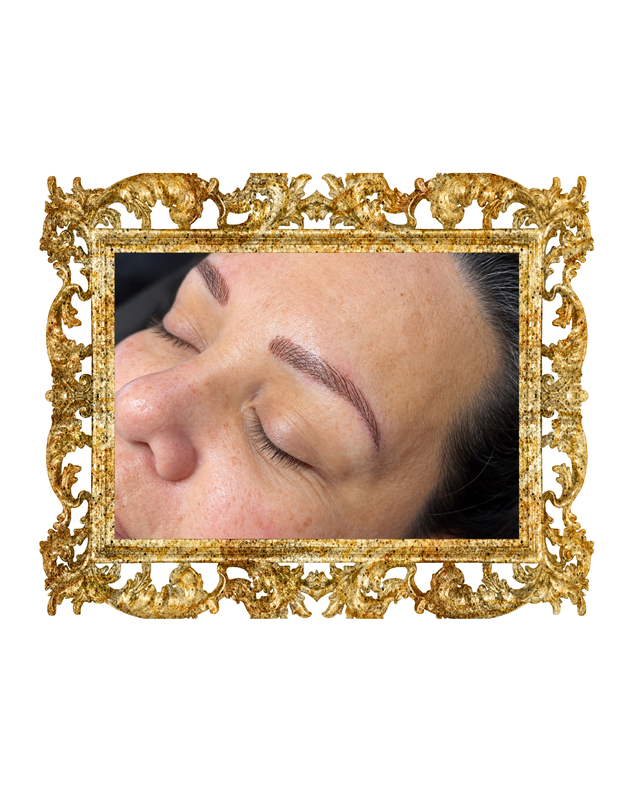 Close-up of natural-looking nano brows created with delicate machine hair strokes for fuller, beautifully defined eyebrows by Wander + Lost Ink, a permanent makeup studio in Bellingham, Washington.