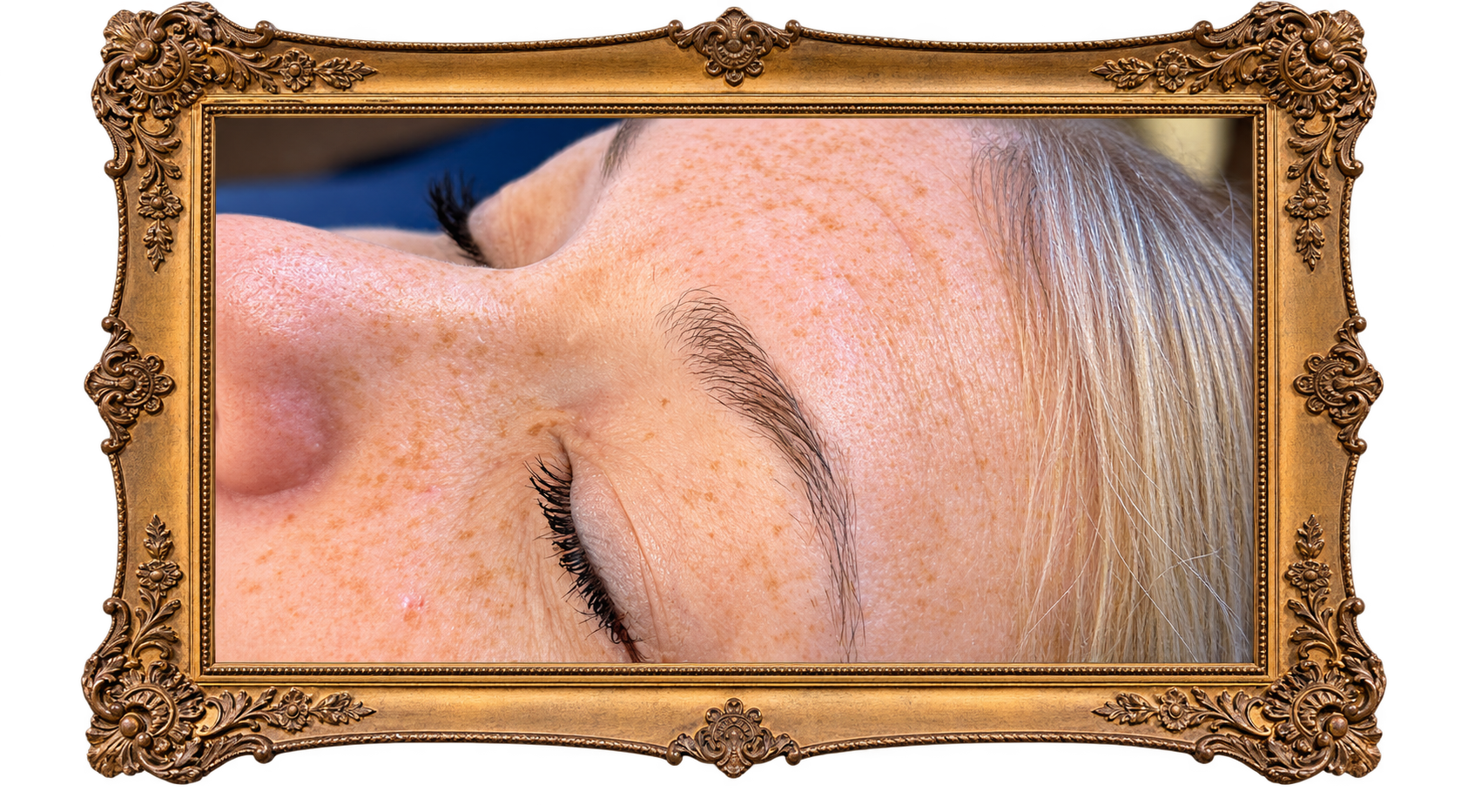 Close-up side view of natural-looking nano brows with delicate machine hair strokes, enhancing eyebrow shape and definition at Wander + Lost Ink in Bellingham, WA.