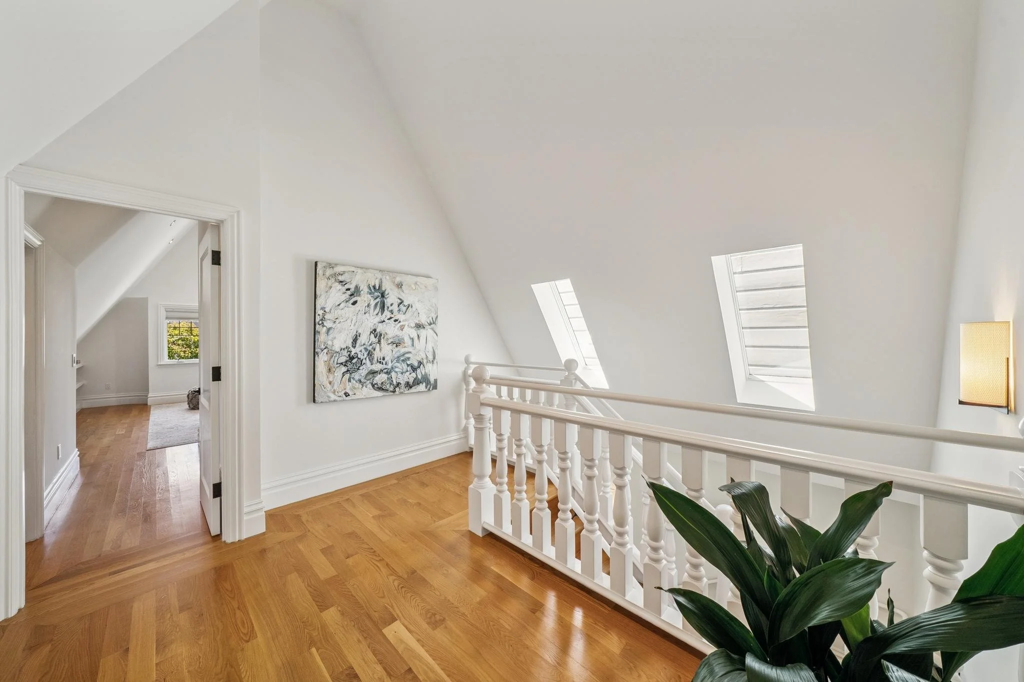 Interior view of a bright upstairs landing with white walls, a wooden floor, and skylight windows. There is a hallway leading to other rooms, a piece of wall art, a white railing, and a large green plant in the foreground.
