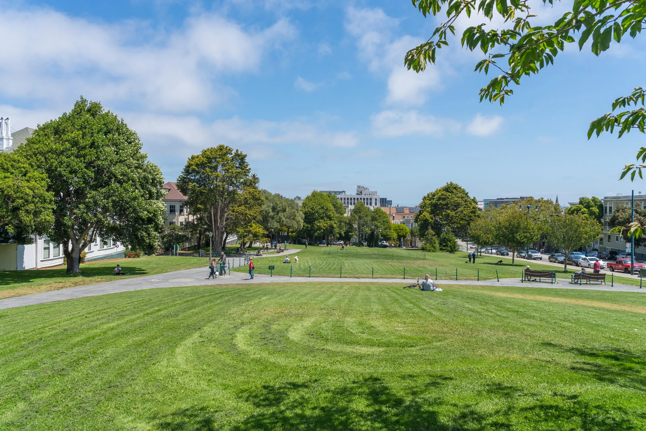 A park with green grass, trees, picnic benches, and people walking, sitting, and biking on a sunny day with a blue sky and scattered clouds.