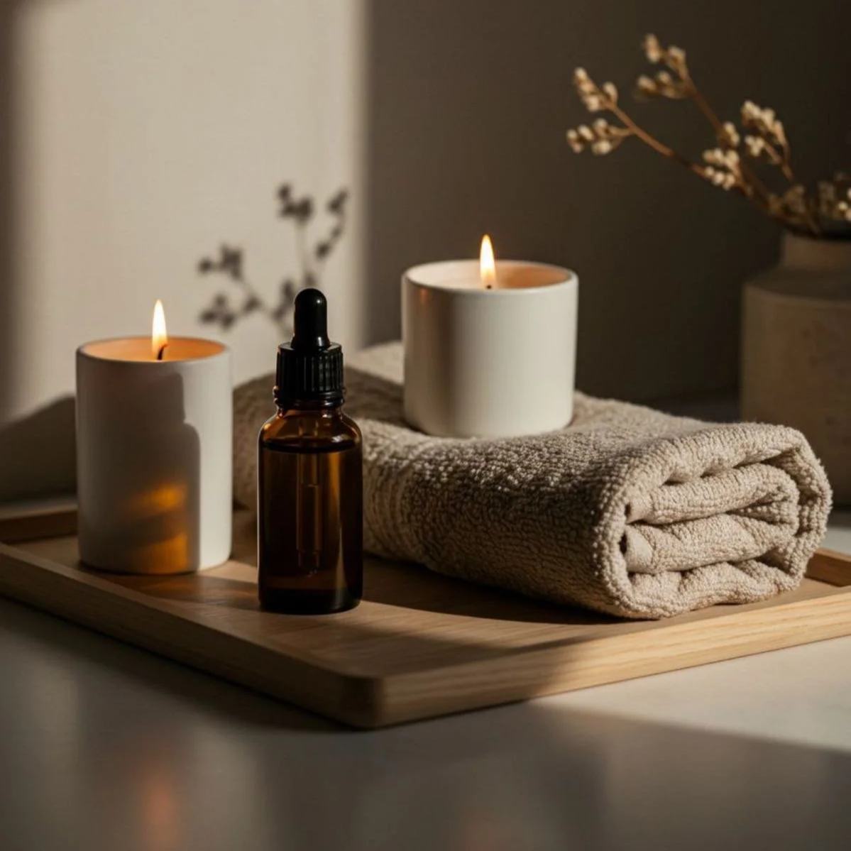 Spa setup with two lit candles, an amber dropper bottle, a rolled beige towel, and a vase with dried flowers on a wooden tray.
