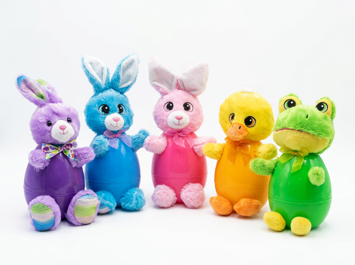 Five plush stuffed animals resembling a bunny, a rabbit, a chick, and a frog, each with a colorful plastic egg body and wearing a bow or ribbon, arranged in a row on a white background.