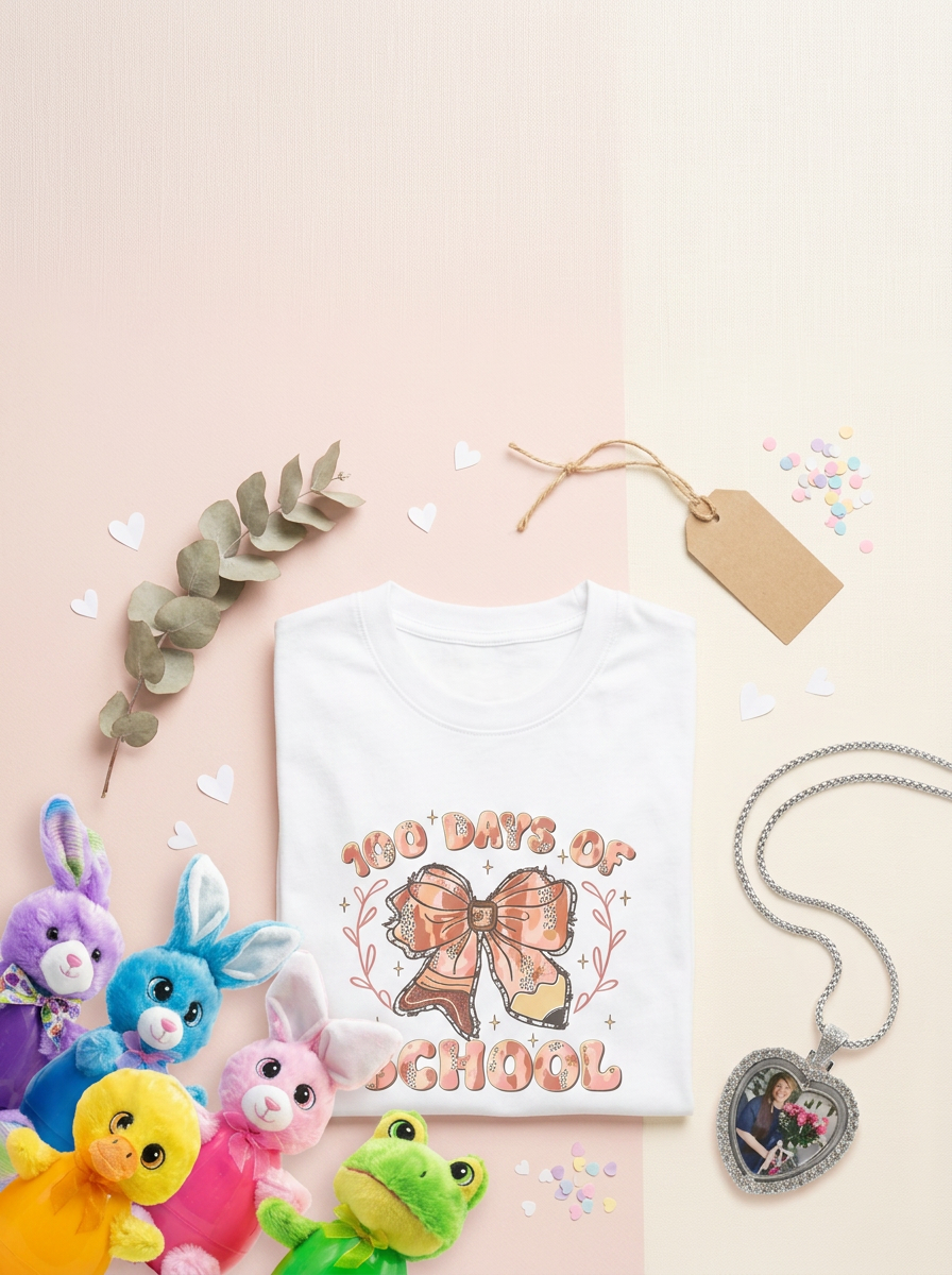 A folded white t-shirt with a '100 Days of School' design, surrounded by plush bunny and duck toys, a heart-shaped photo necklace, a blank gift tag, and scattered colorful confetti on a pastel pink and cream background. Corpus Christi Custom shirts
