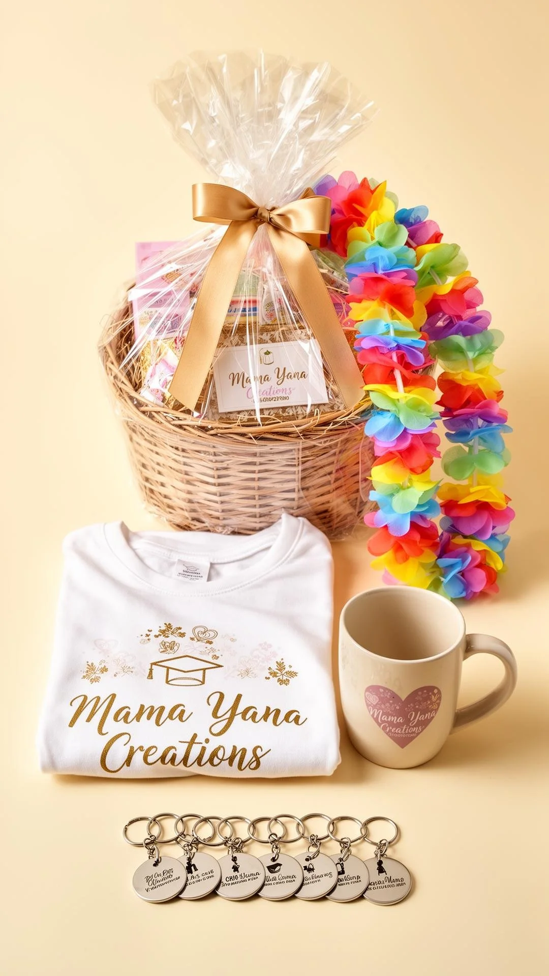 A gift basket wrapped with a golden ribbon, a colorful lei, a white t-shirt and mug from Mama Yana Creations, and a row of keychains with engraved messages. Corpus Christi Custom gifts, celebration gifts, gift baskets