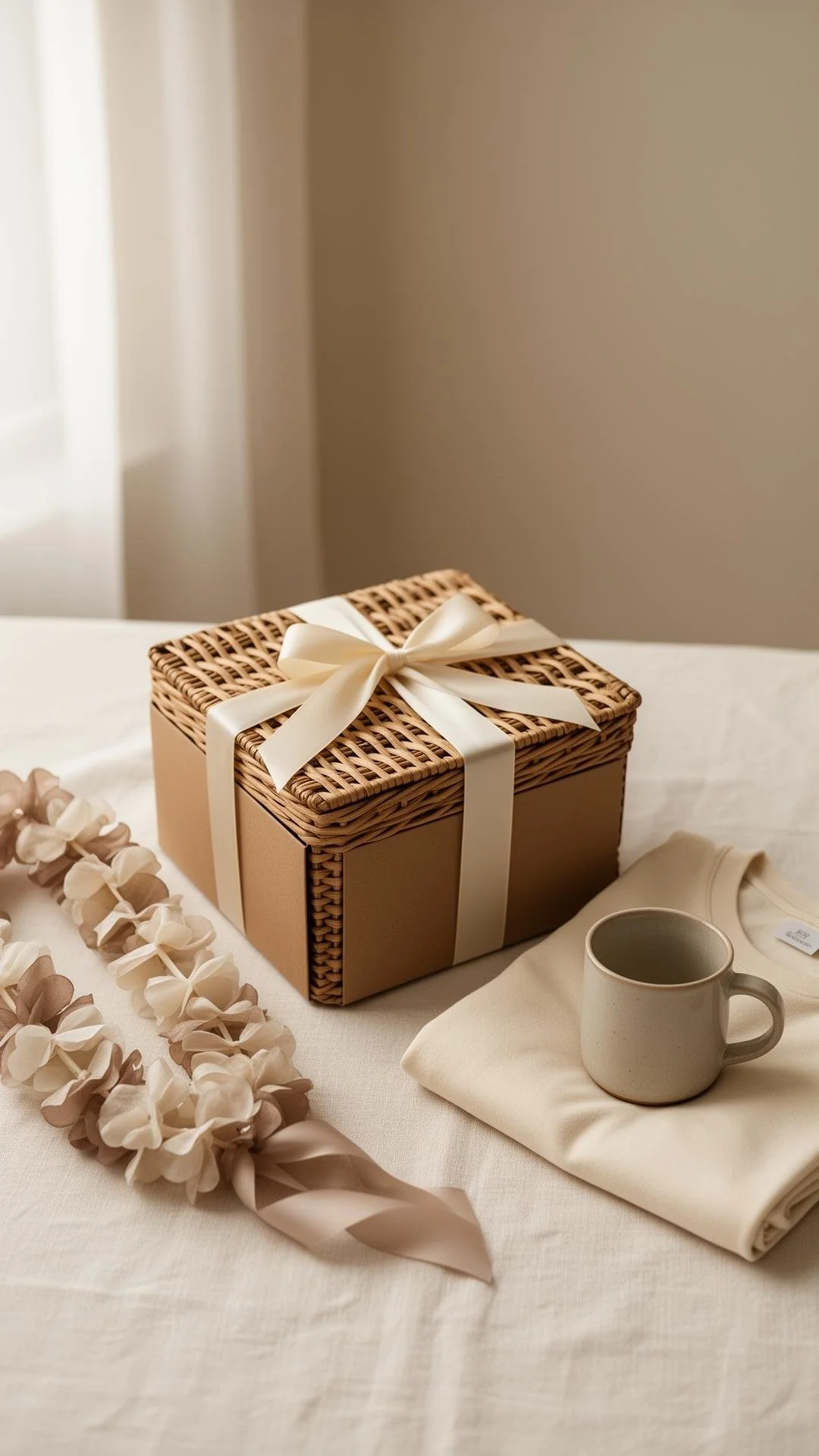 A gift box with a woven lid and beige sides, wrapped with a cream ribbon and bow, placed on a white table. Nearby are a cream-colored mug, a folded cream garment, and a floral ribbon in soft pink and cream tones.