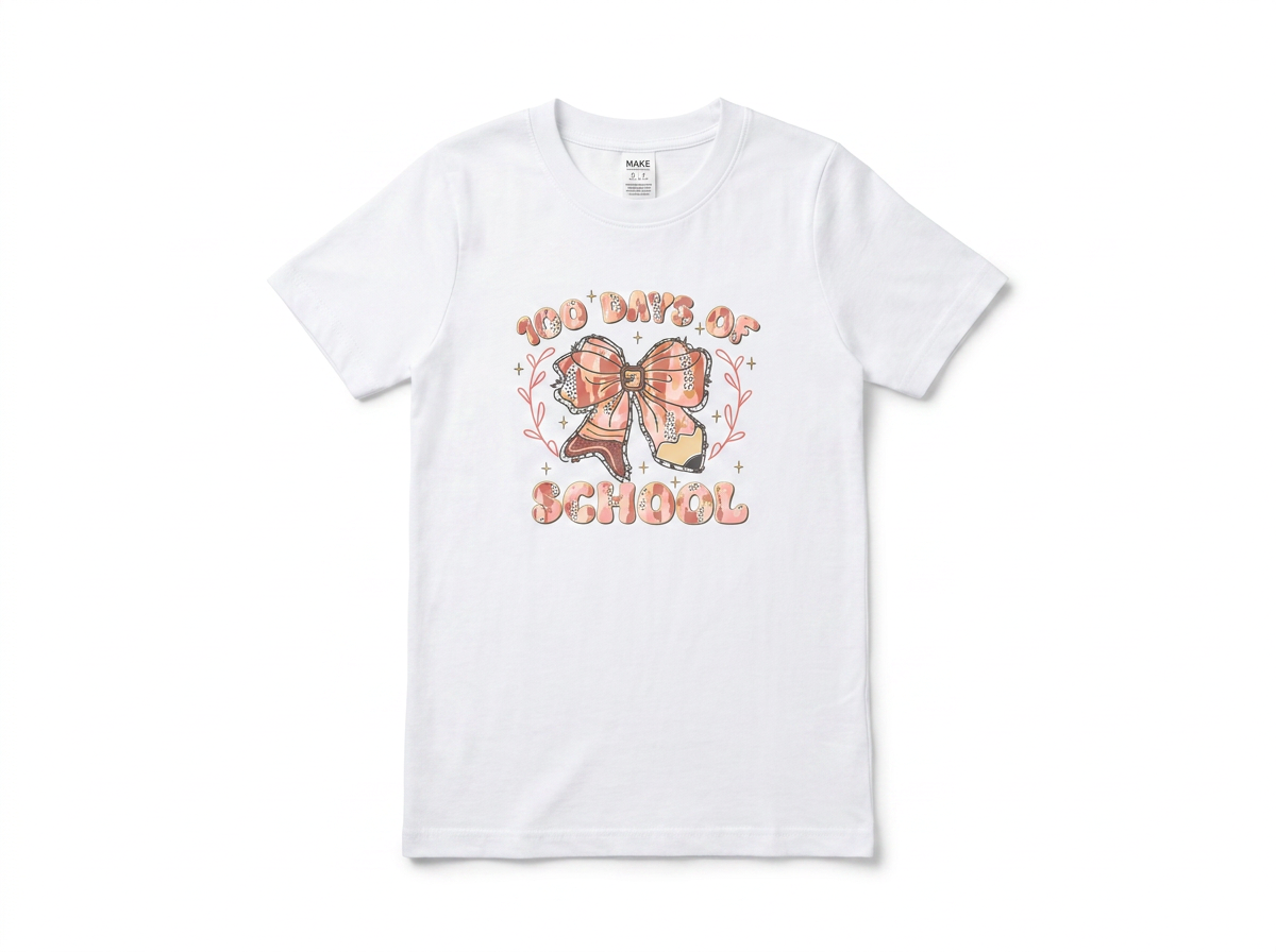 White T-shirt with pink and orange text and a graphic of a large bow. The text reads '100 Days of School' with decorative elements around. corpus christi Custom party shirts, celebration shirts