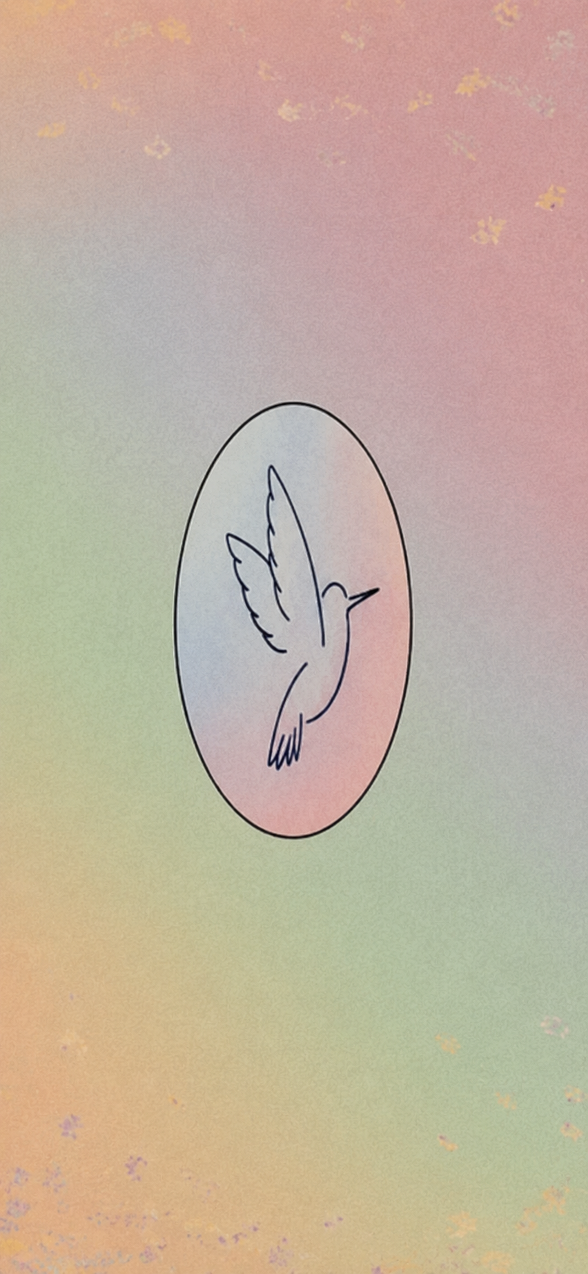 Digital logo of a hummingbird inside an oval, with a pastel pink, purple, and green gradient background and scattered star-like shapes.