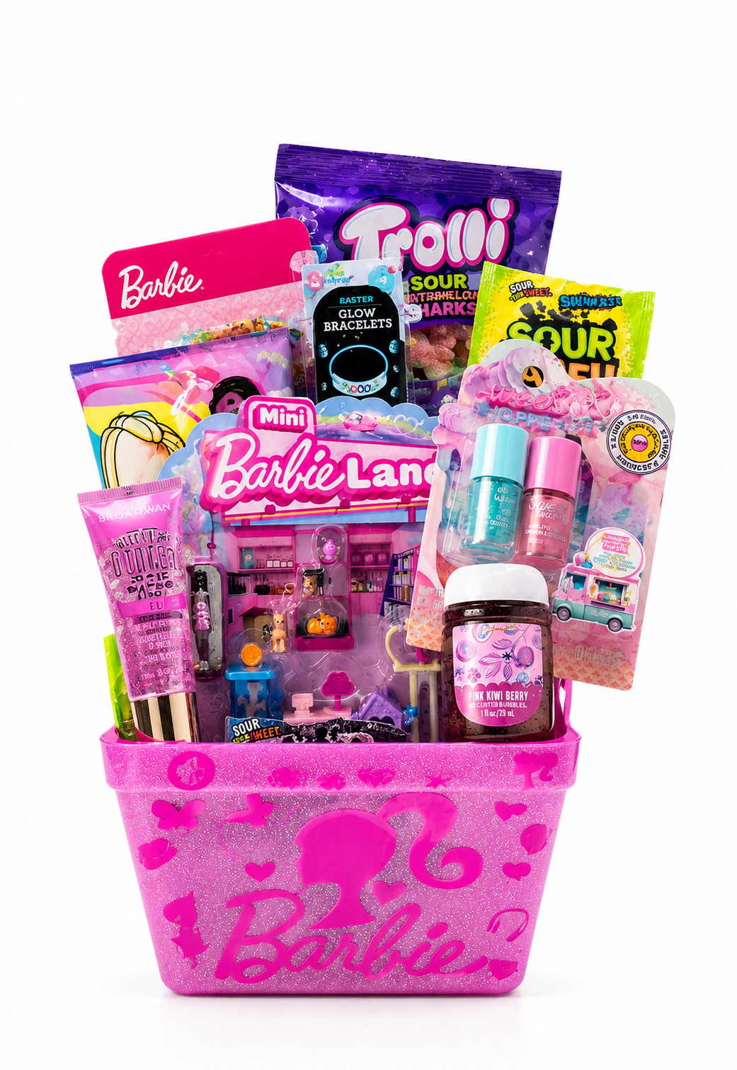 Pink Barbie-themed toy gift basket filled with various toys, accessories, and candies, including a mini Barbie lamp, nail polish, slime, and snacks. corpus christi holiday gift basket, custom gift basket