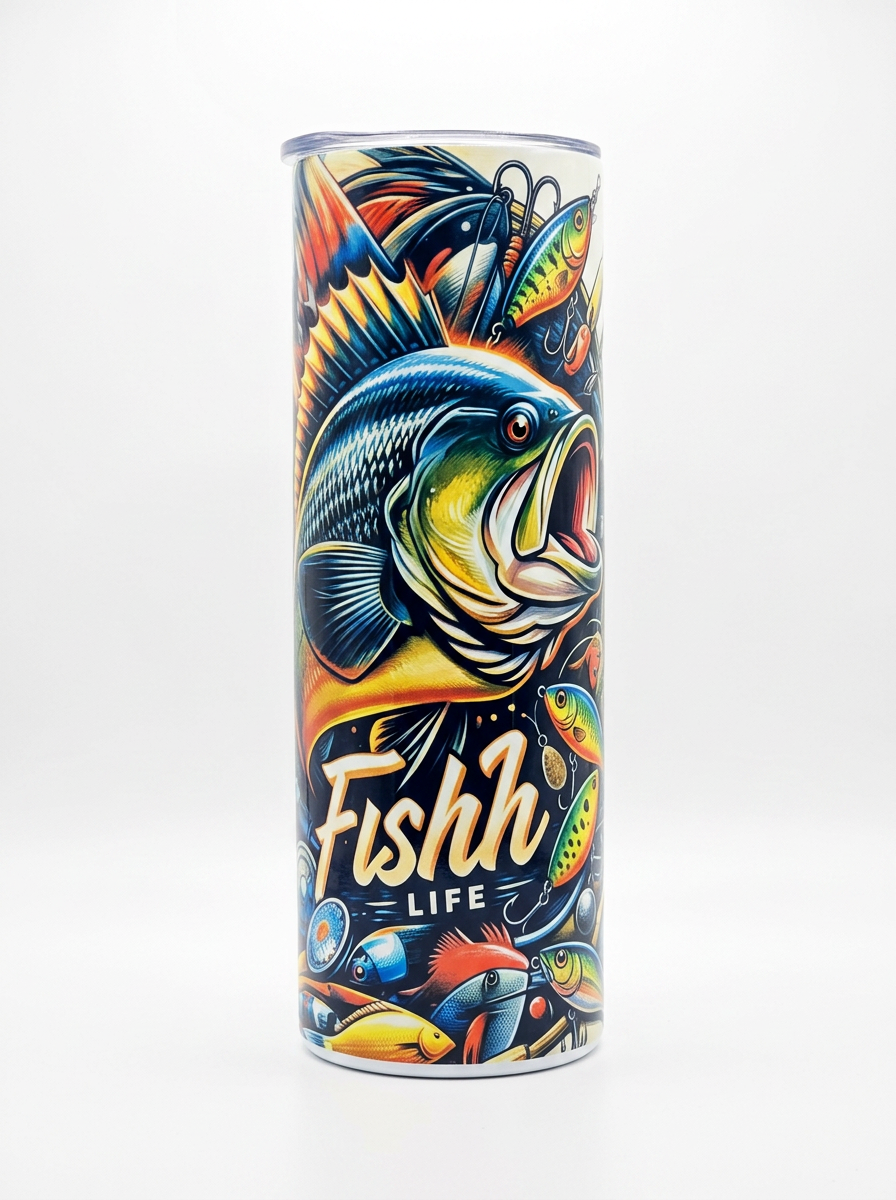A cylindrical container with colorful illustrations of various fish, fishing lures, and the words 'Fishh Life' in bold letters.