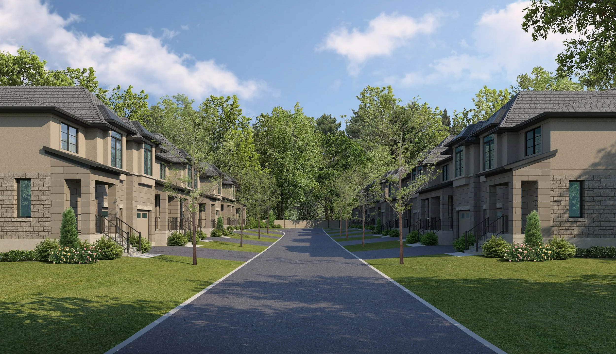 A peaceful residential neighborhood with modern two-story townhouses, paved walkways, lush green trees, and well-maintained lawns under a partly cloudy blue sky.