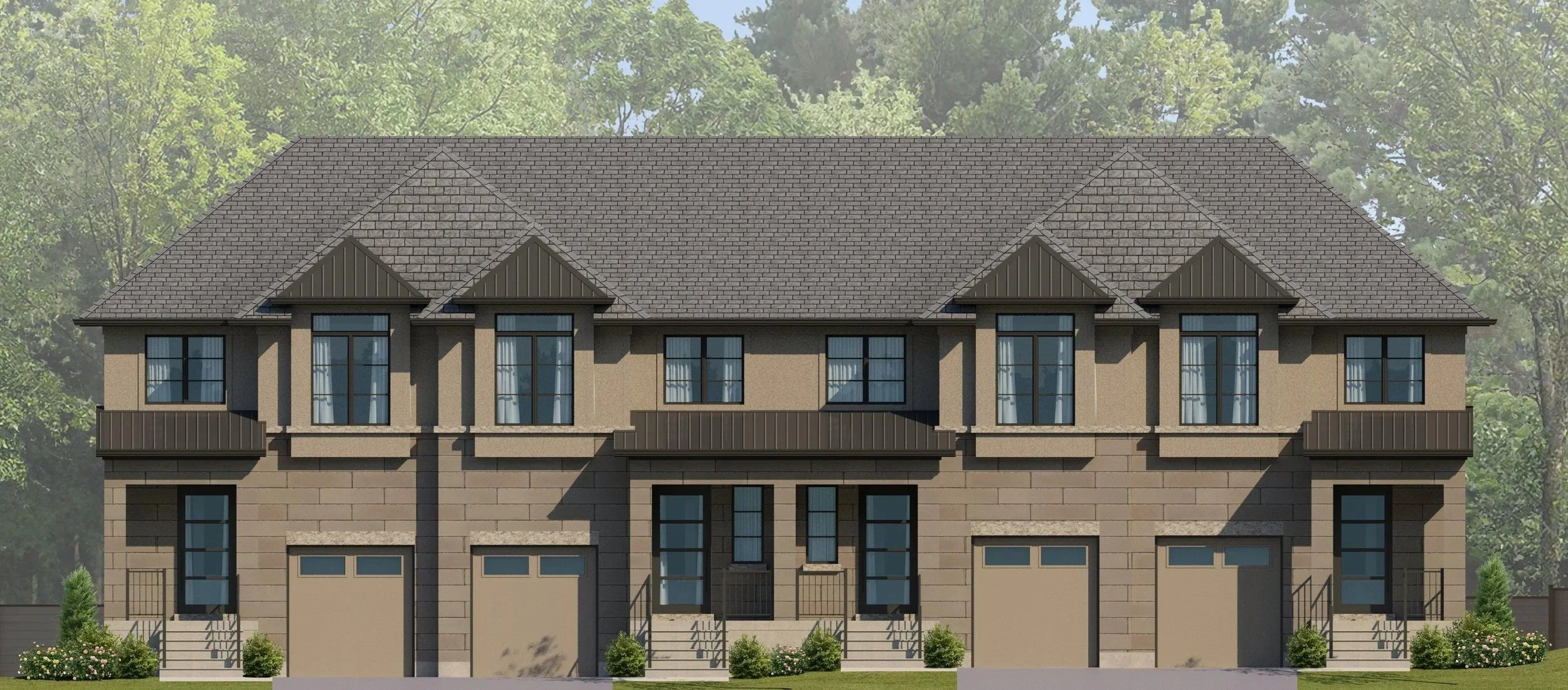 Modern multi-family apartment building with symmetrical design, beige walls, black window frames, and a gabled roof, set against a backdrop of green trees.