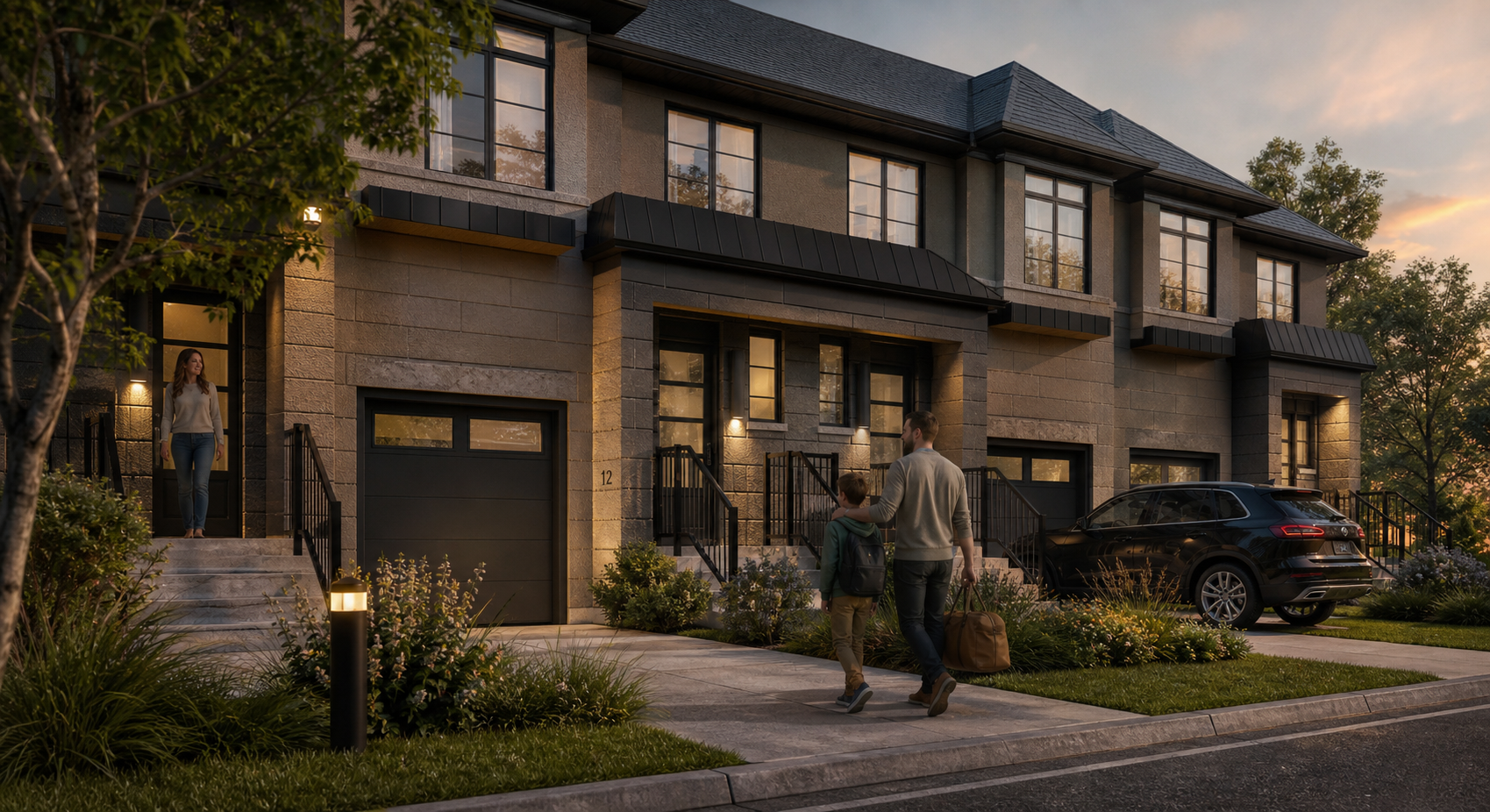 A modern townhouse with three stories, brick and stone exterior, black garage doors, and front steps. It's evening with warm lighting, and a man with a child walks toward the house while a woman stands at the door. A black SUV is parked in the driveway, and trees surround the property.