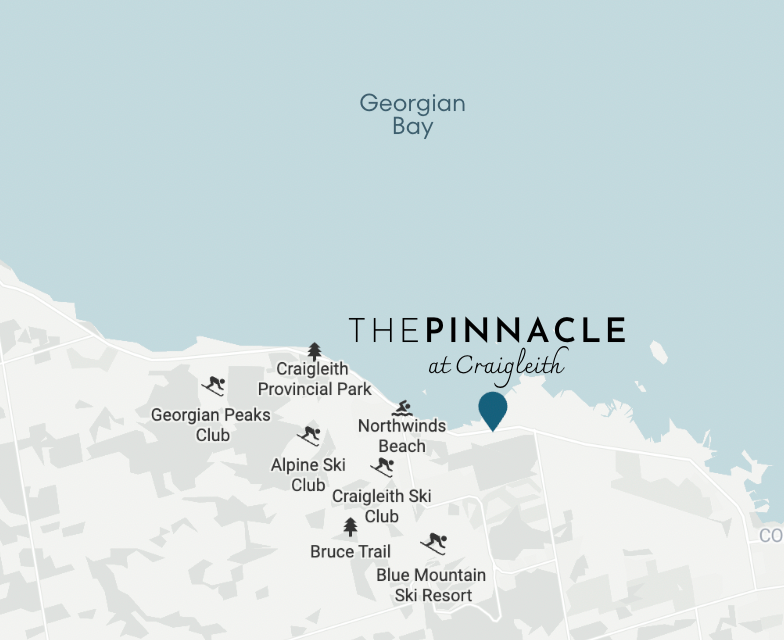 Map of Craigleith area showing Georgian Bay, Craigleith Provincial Park, Northwinds Beach, Georgian Peaks Club, Alpine Ski Club, Craigleith Ski Club, Bruce Trail, Blue Mountain Ski Resort, and the Pinnacle at Craigleith.