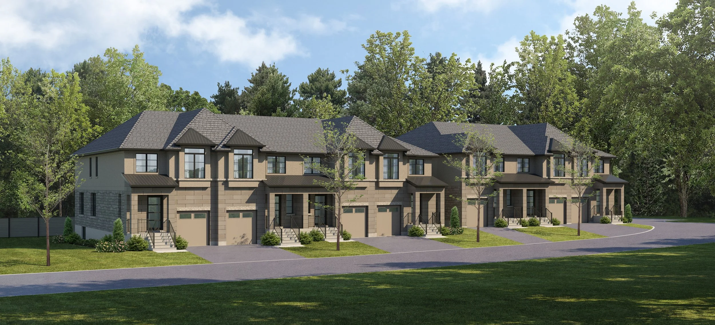 A row of modern townhouses with attached garages, front steps, and front yards, set against a backdrop of trees and a partly cloudy sky.