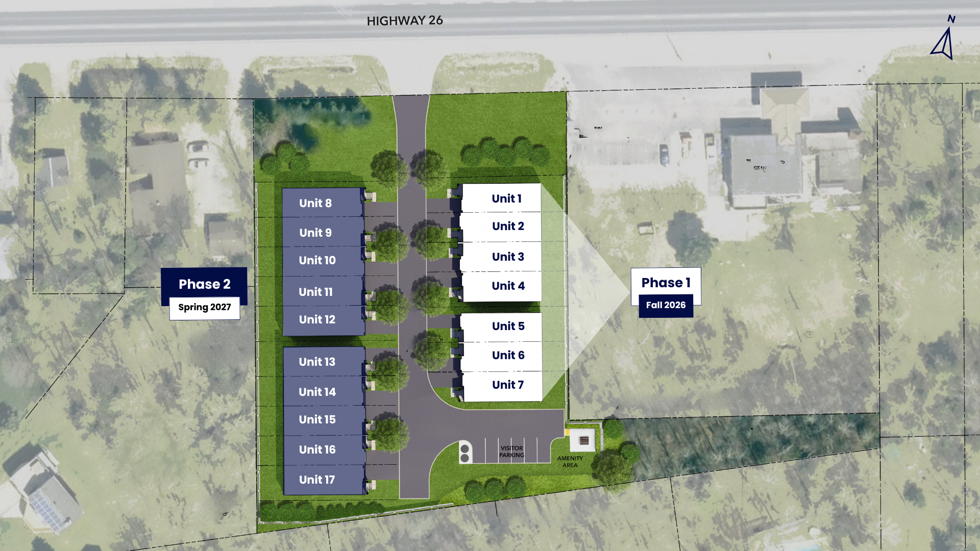 Site plan of a residential development with two phases, Phase 1 in fall 2026 and Phase 2 in spring 2027. The plan includes 17 units arranged along a central road, a visitor parking area, and landscaped green areas with trees. The site is bordered by Highway 26 and an existing neighborhood.