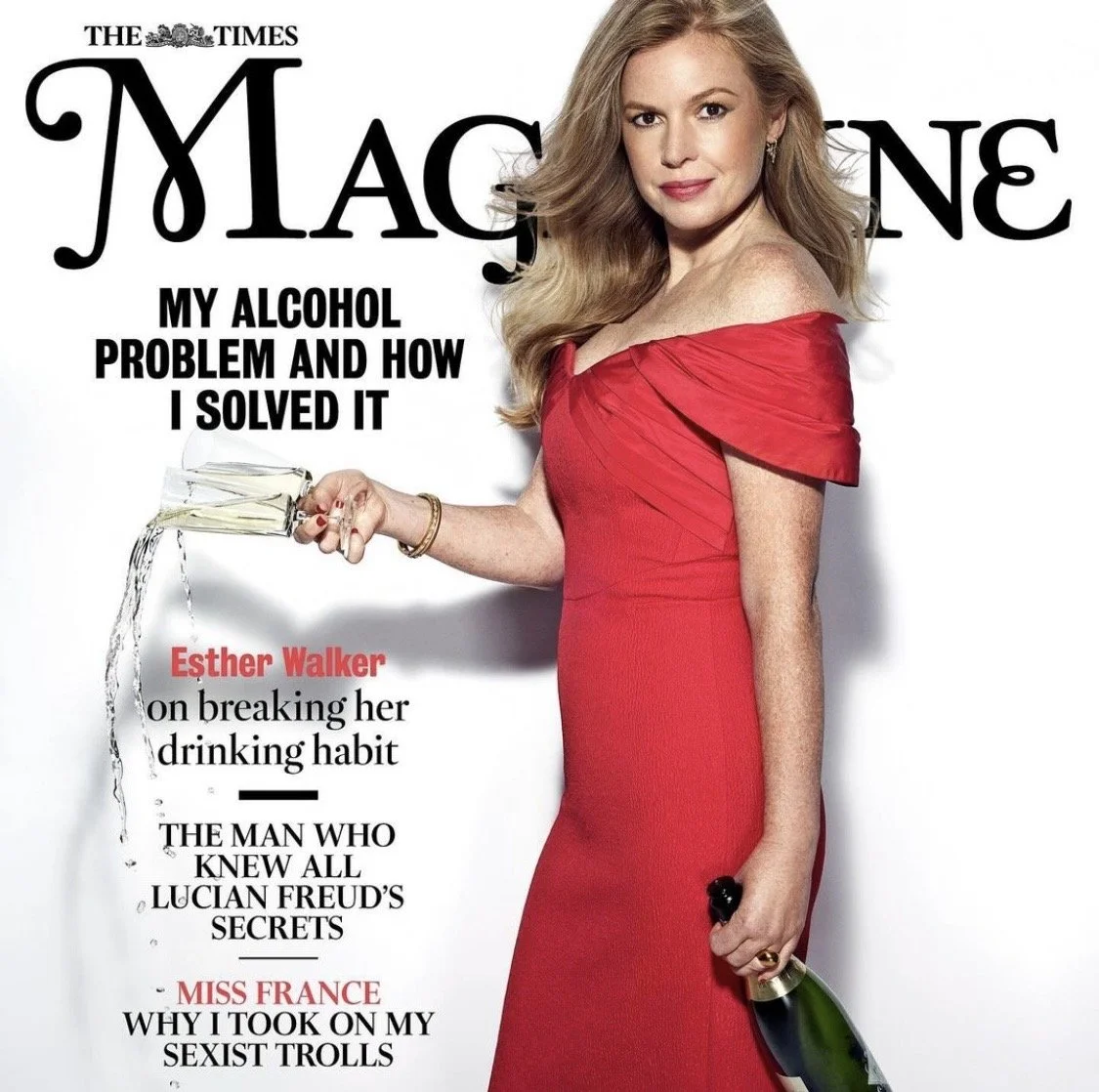 Cover of The Times magazine featuring actress Esther Walker in a red dress, holding a glass of champagne and a bottle of wine, with text about her alcohol problem and other topics.