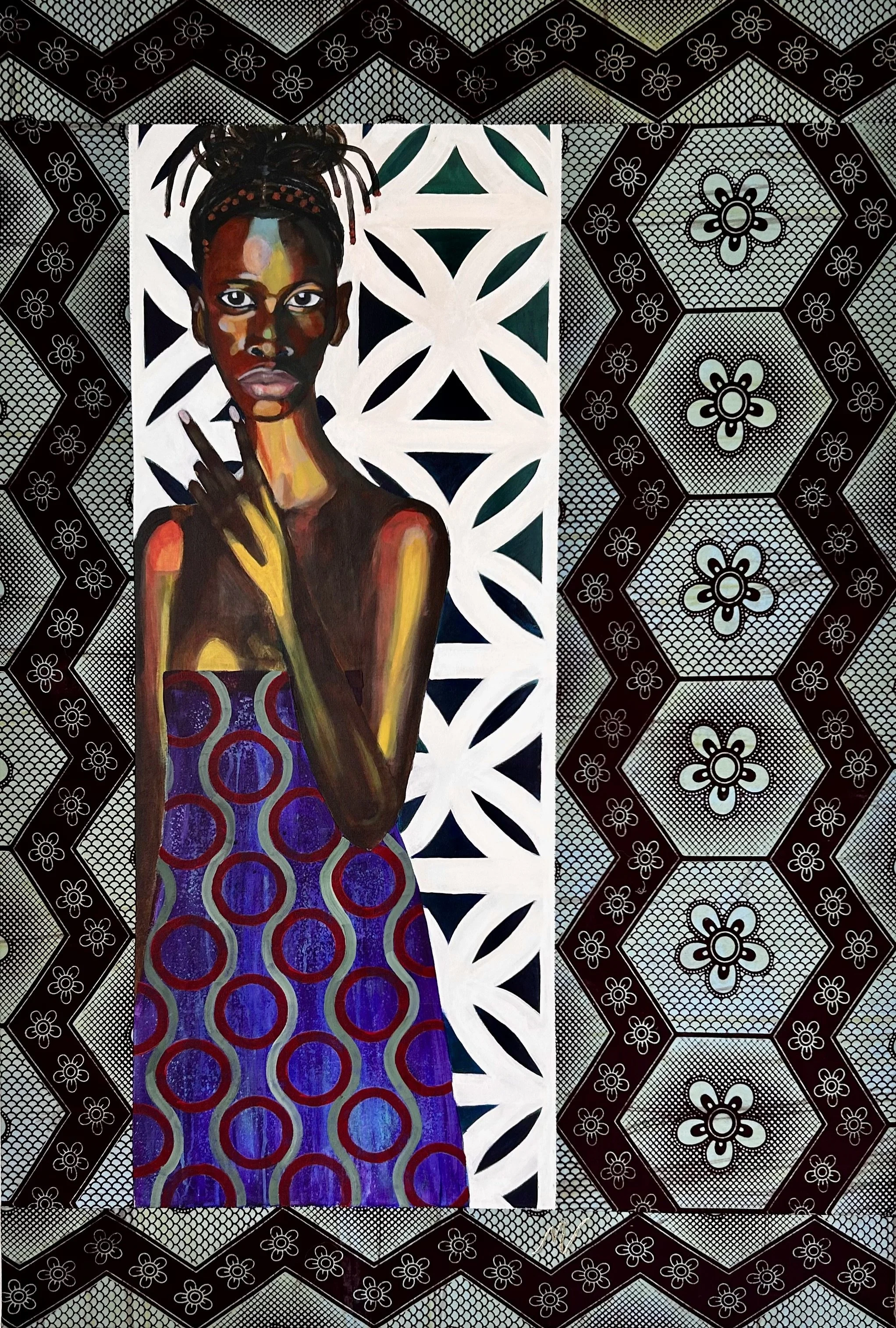 Figure on Sunlit Balcony 2 - Textile framed acrylic -  83 x 122 cm