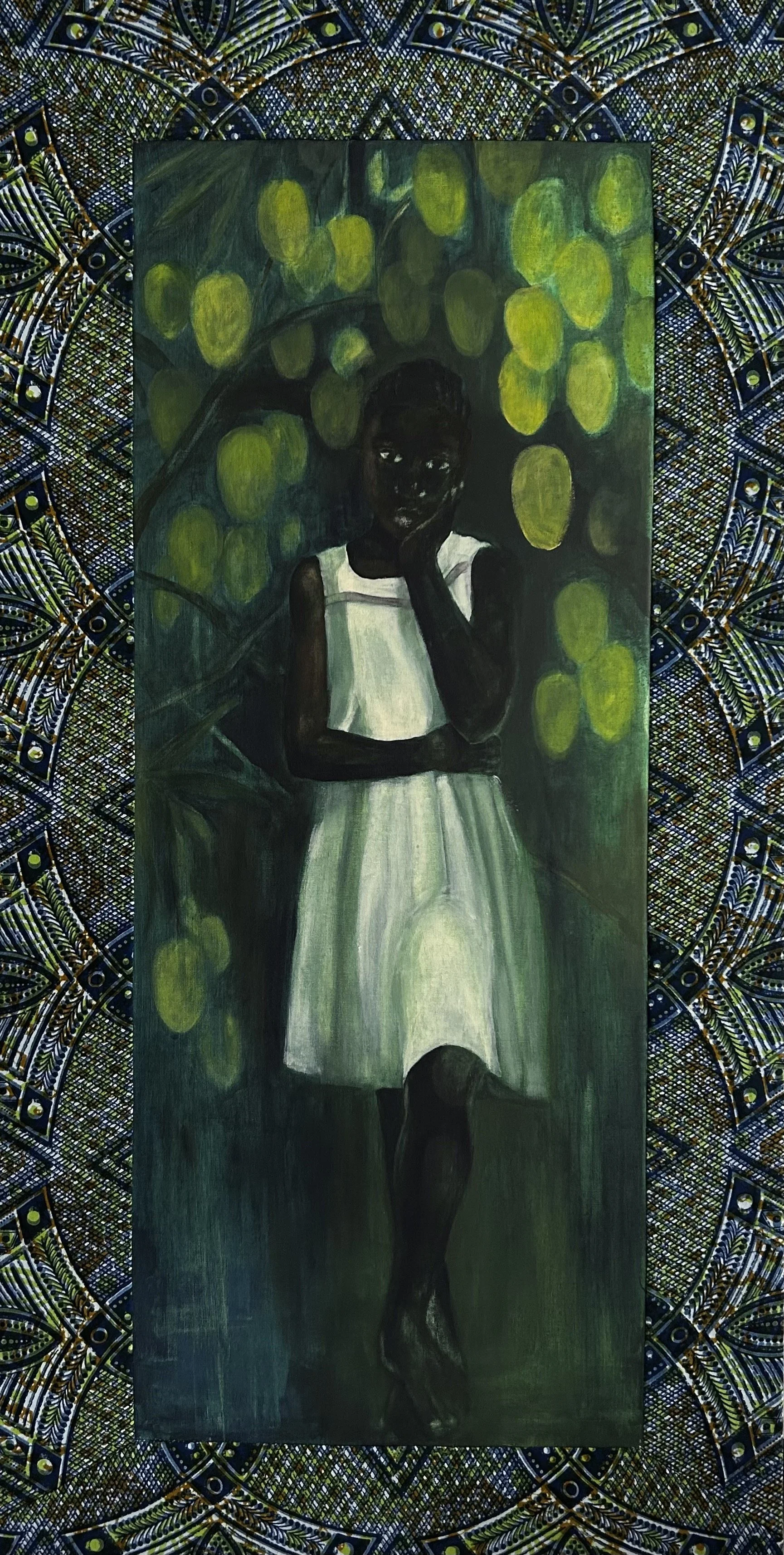 Moonlit Mangoes - Textile framed acrylic painting – 60 x 120 cm