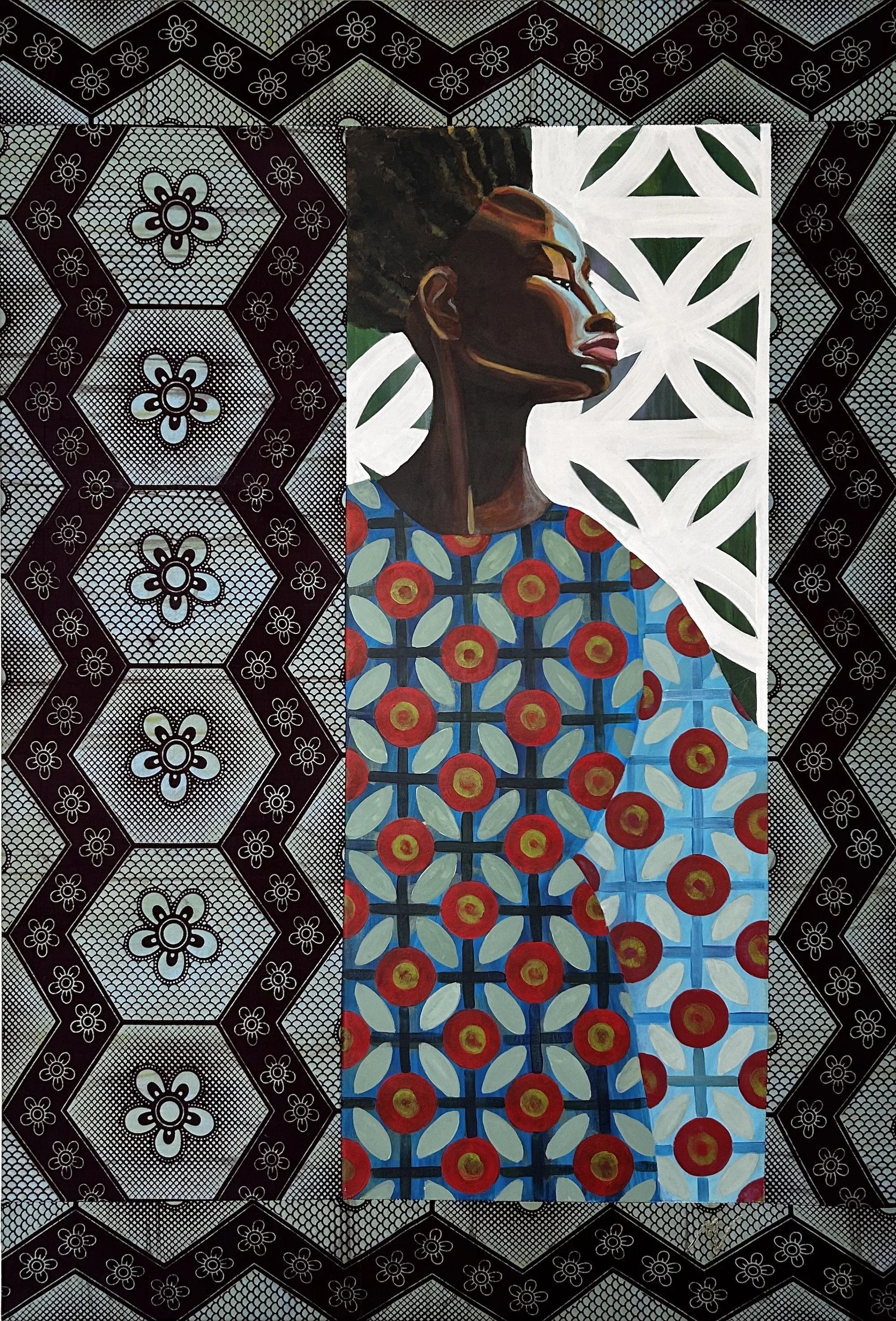 Figure on Sunlit Balcony 1 - Textile framed acrylic -  83 x 122 cm