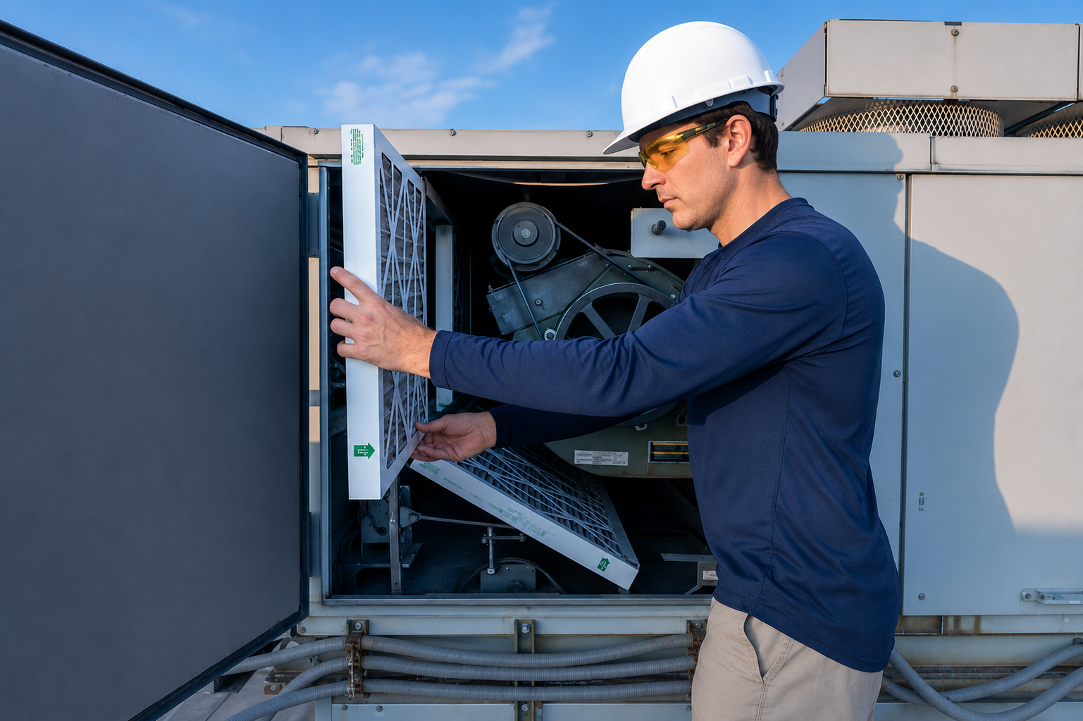 A technician repairing an air conditioning unit outdoors, wearing a white safety helmet and yellow safety glasses, with a clear blue sky in the background.