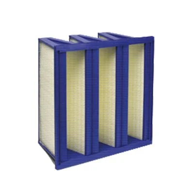 Three blue air filters with white pleated material.