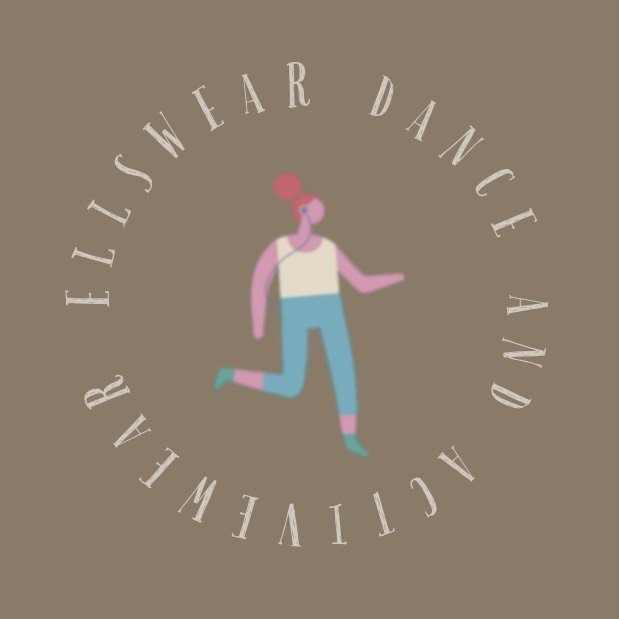 Illustration of a person dancing with pink hair, wearing headphones, a white tank top, and blue pants, surrounded by the words 'DANCE AND ACTIVELY WEAR ELISWEAR' in a circular pattern.