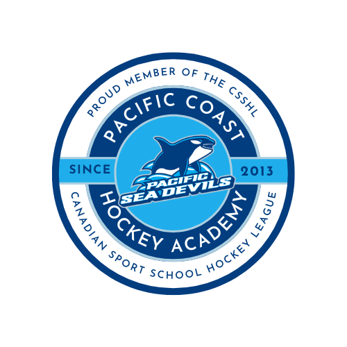 Logo of Pacific Coast Hockey Academy featuring a shark and text indicating its affiliation with the Canadian Sport School Hockey League since 2013.