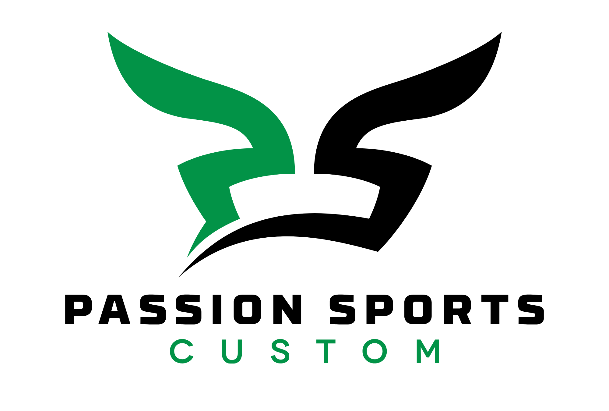 Logo for Passion Sports Custom featuring a stylized black and green soccer ball with a green and black wing-like design.