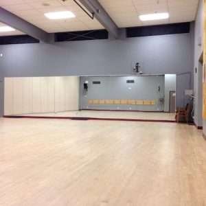 Empty gym or dance studio with wooden floor, gray walls, high ceiling, and wall-mounted cabinets.