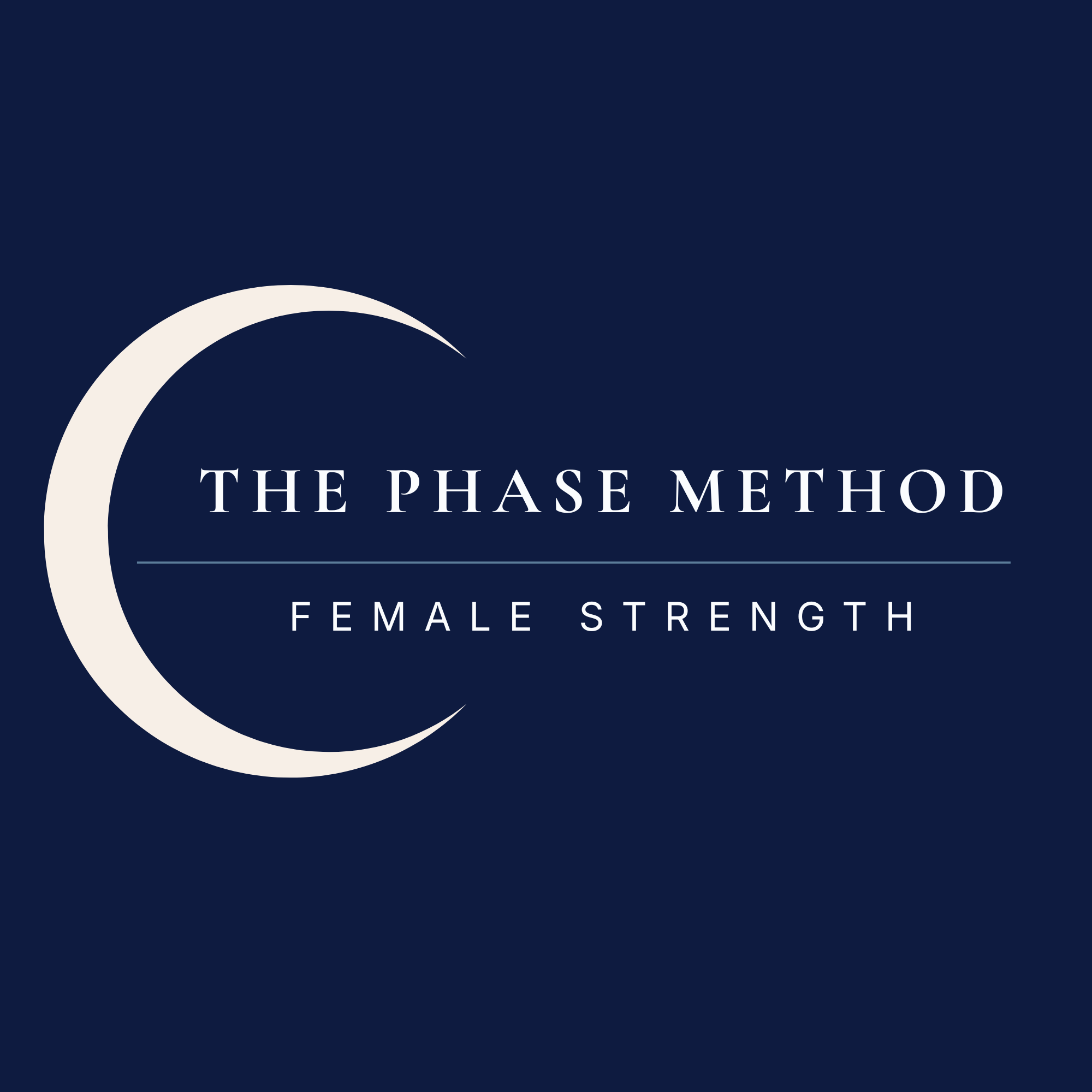 Logo of 'The Phase Method' with a subtitle 'Female Strength', featuring a navy blue background and a large white crescent moon.