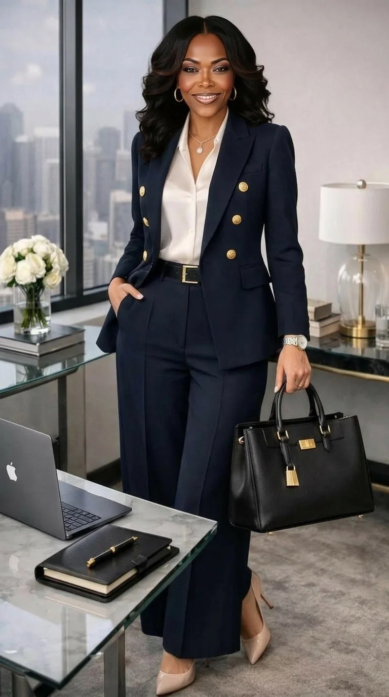 An African American woman with black wavy hair dressed in a navy blue blazer with gold buttons, white blouse, navy blue trousers, and beige high heels, standing in a modern office with a large window, holding a black handbag, smiling at the camera.