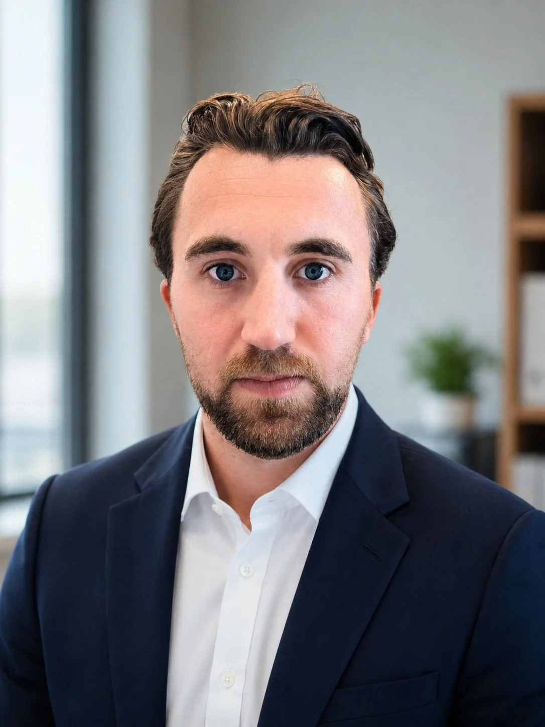 Headshot of a man with brown hair, blue eyes, and a beard, wearing a dark suit and white shirt in an office setting.
