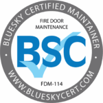 BlueSky Certified Maintenance logo with BSC initials, fire door maintenance, and certification details