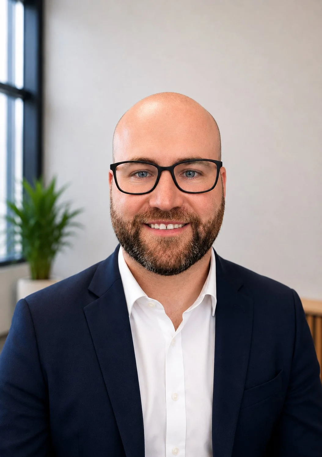 A man with a beard and glasses wearing a white shirt and dark blazer, smiling in an office setting with a plant in the background.
