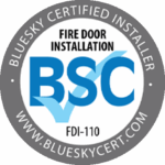 Blue and white circular badge with 'Blue Sky Certified Installer' and 'BSC' logo, indicating fire door installation certification.