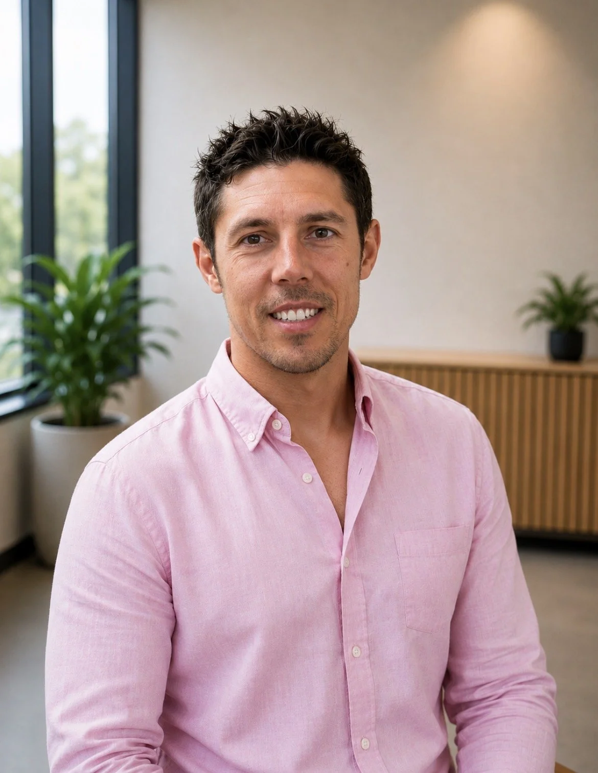 A man with short dark hair and light skin, wearing a light pink button-up shirt, smiling in an office setting with large windows and plants in the background.