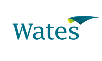 Wates logo with dark background and a stylized green and blue shape above the company name.