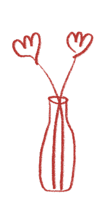 A simple red line drawing of two hearts on stems in a vase.