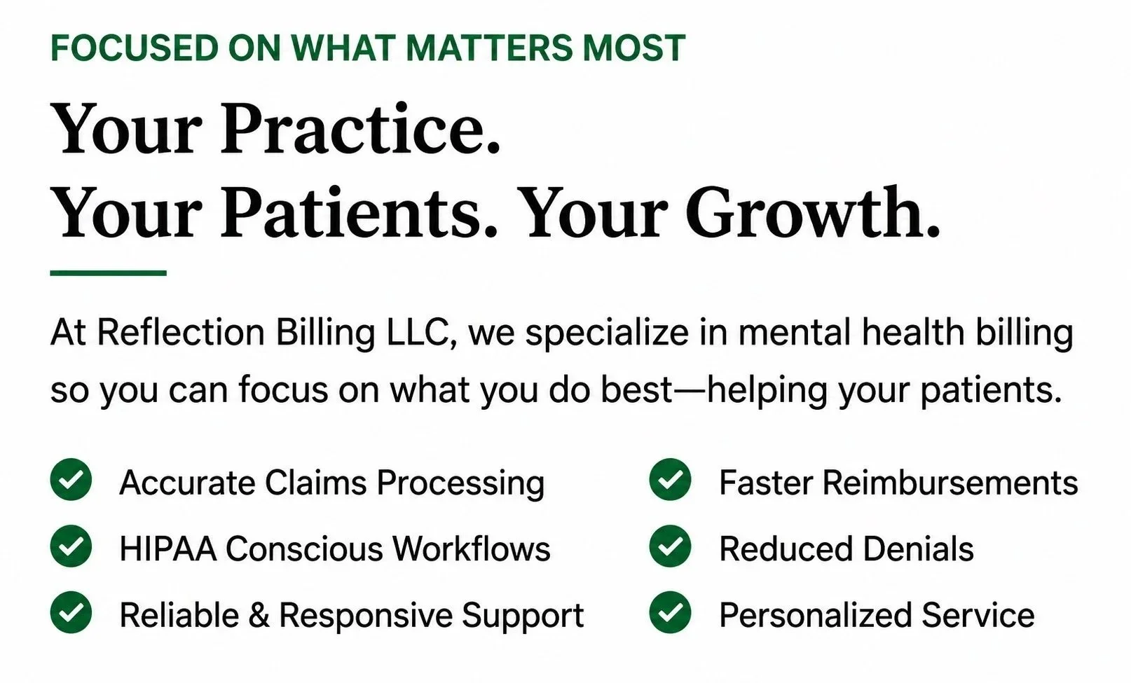 Marketing flyer for Reflection Billing LLC emphasizing mental health billing services, highlighting benefits such as accurate claims processing, HIPAA compliant workflows, reliable support, faster reimbursements, reduced denials, and personalized service.