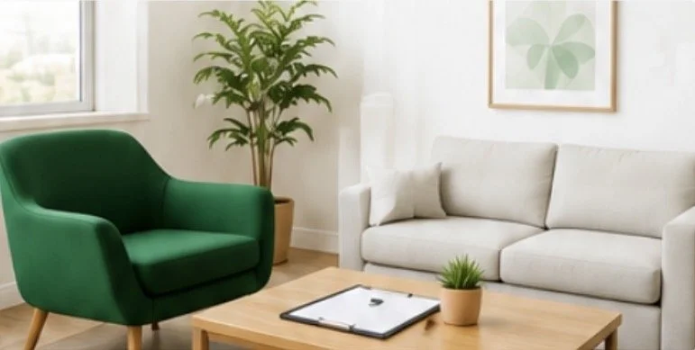 Living room with a green armchair, white sofa, a coffee table with a plant and a clipboard, a tall plant in a pot, and framed art on the wall.