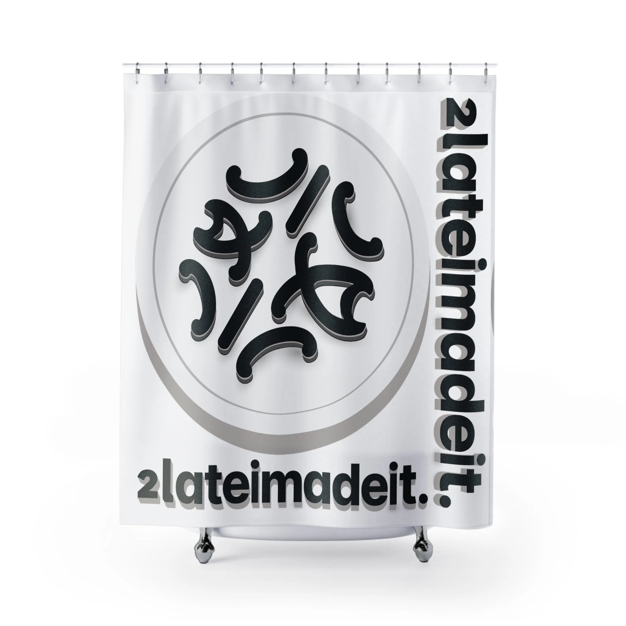 2LateiMadeit.® Shower Curtain — Minimal Logo Polka Dot