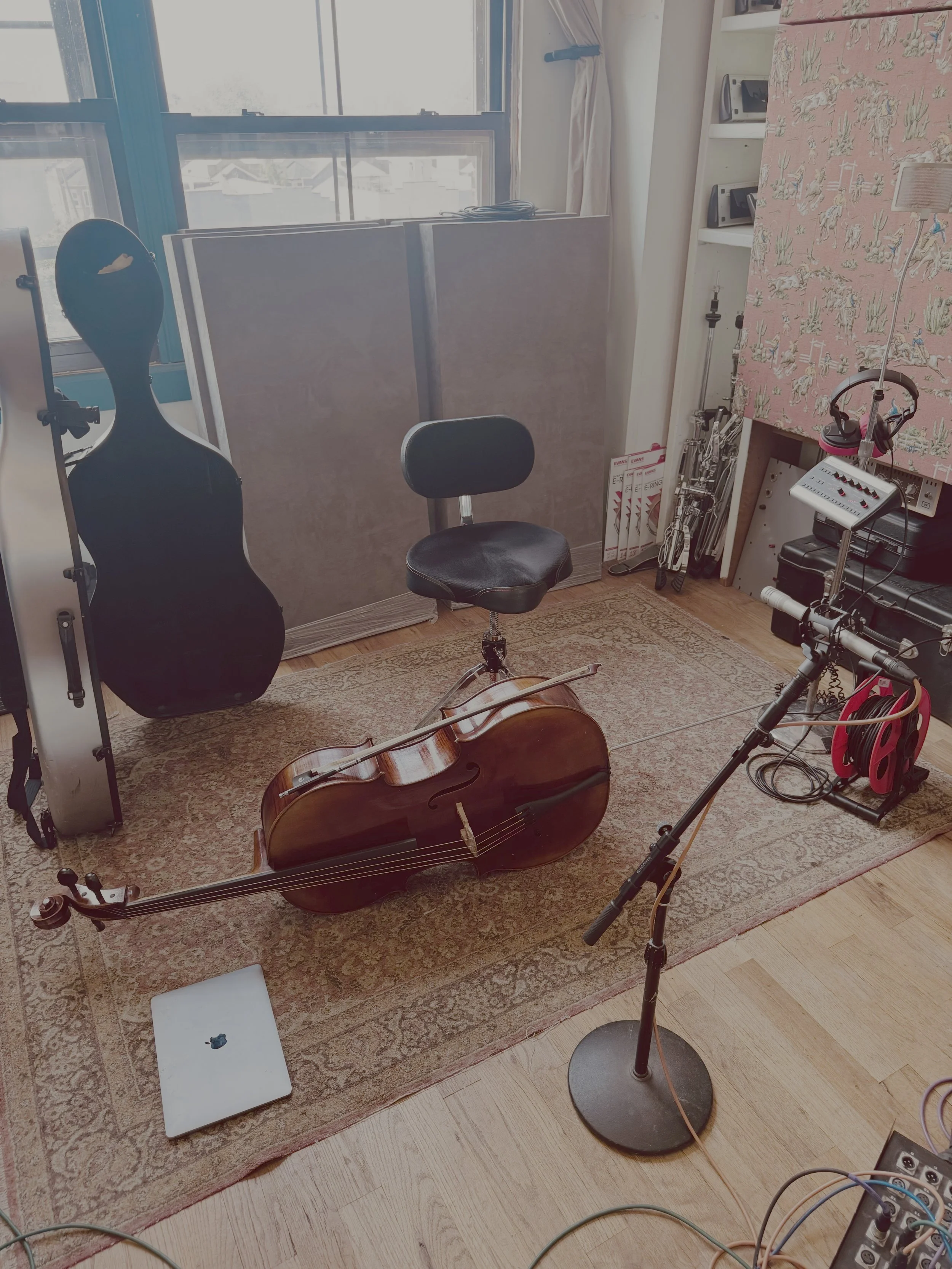 A recording studio with a cello on the floor.