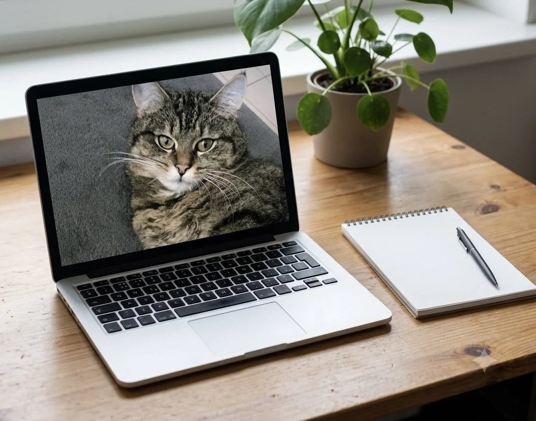 Ein Laptop auf einem Holztisch, auf dem Bildschirm ist ein Bild einer Katze. Neben dem Laptop liegt ein Notizbuch mit einem schwarzen Stift, und im Hintergrund steht eine Topfpflanze.