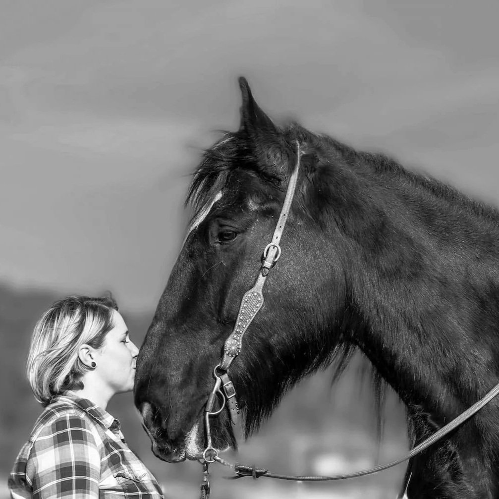 Eine junge Frau kußt ein Pferd an die Nase auf einer Weide im Freien.