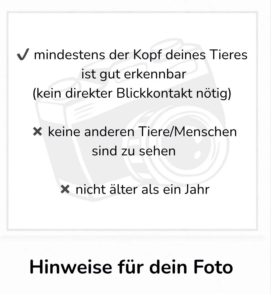 Ein Anleitungsbild mit Tipps für Tierfotos, einschließlich Erkennung des Kopfes eines Tieres, Sichtbarkeit anderer Tiere und Altersangabe.