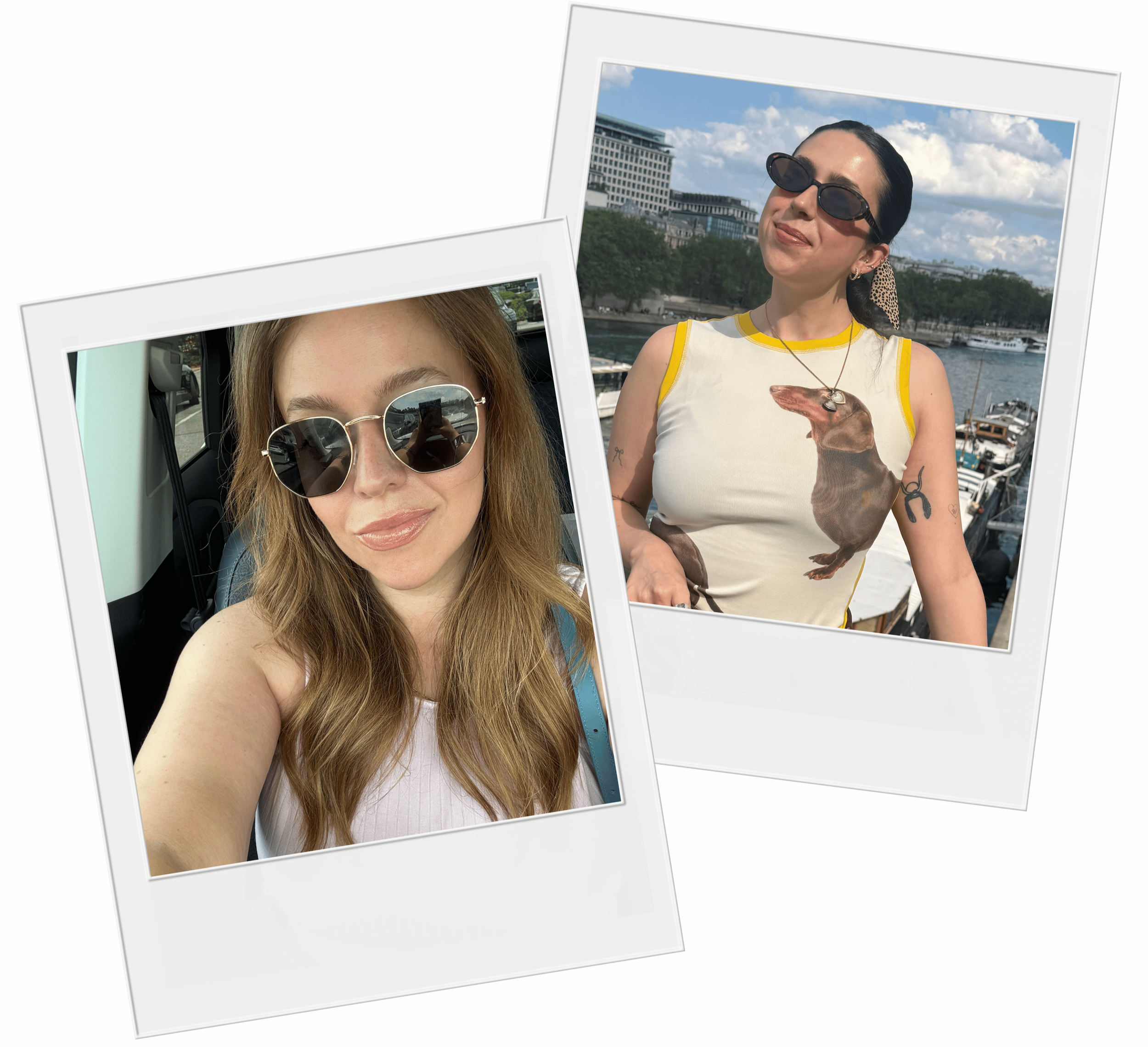 Two Polaroid-style photos overlapping, featuring women in sunny outdoor settings. The woman in the first photo has light brown hair, sunglasses, and a white top. The woman in the second photo has dark hair tied back, wearing sunglasses, a sleeveless shirt with a dog print, and is near a marina with boats and a city skyline in the background.