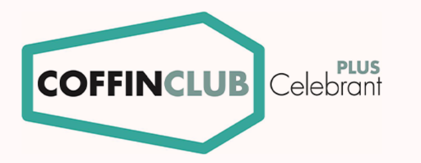 Logo for Coffin Club Plus Celebrant with a teal hexagon outline and black and teal text.